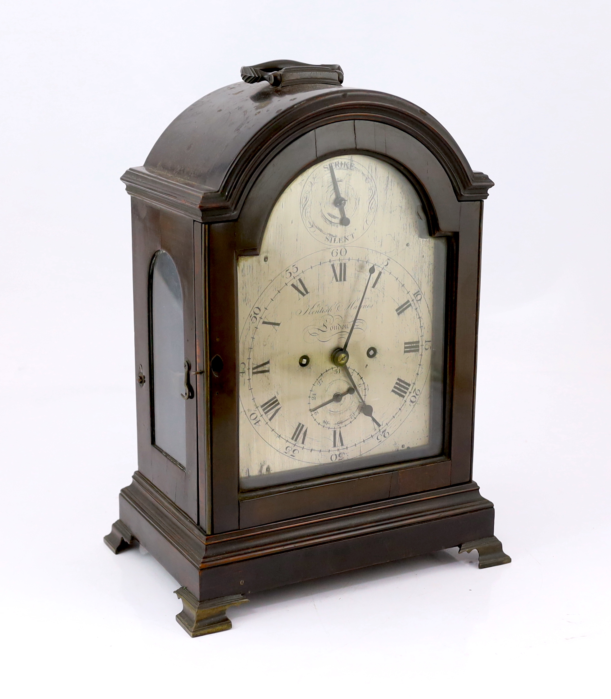 Kentish & Haynes of London, a George III ebonised eight day bracket clock 28.5cm wide, 19.5cm deep, 40cm high